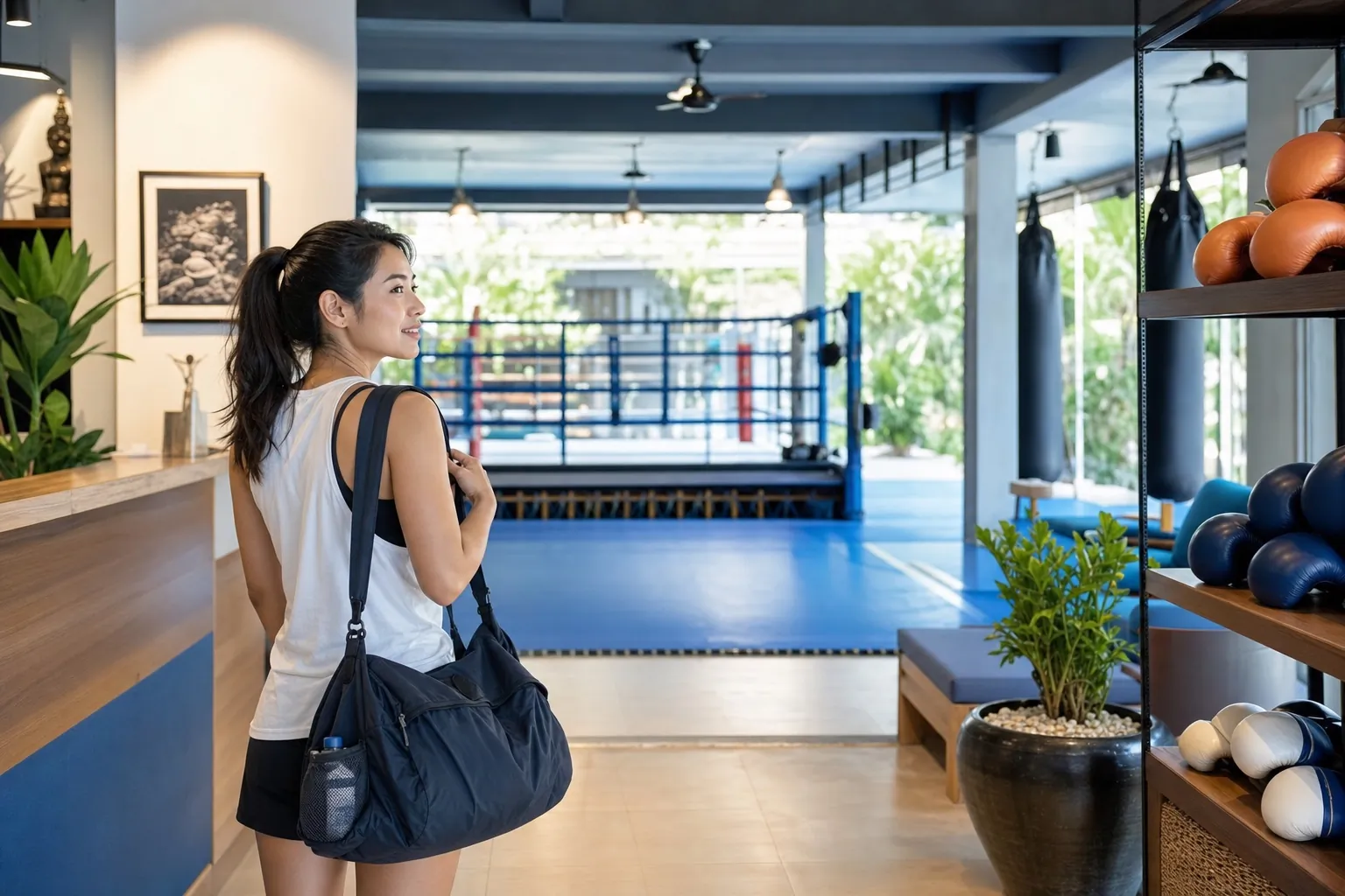 A solo female traveler arriving at a women-friendly Bangkok gym
